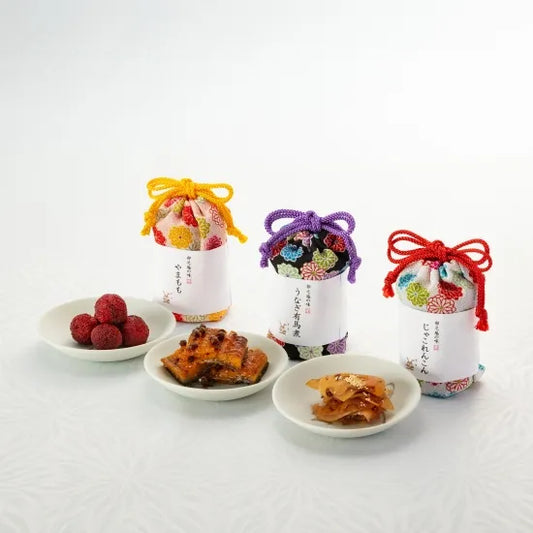 美食家がおもたせに選ぶ和柄巾着×料亭人気佃煮　3本セット | 日本料理　卯之庵